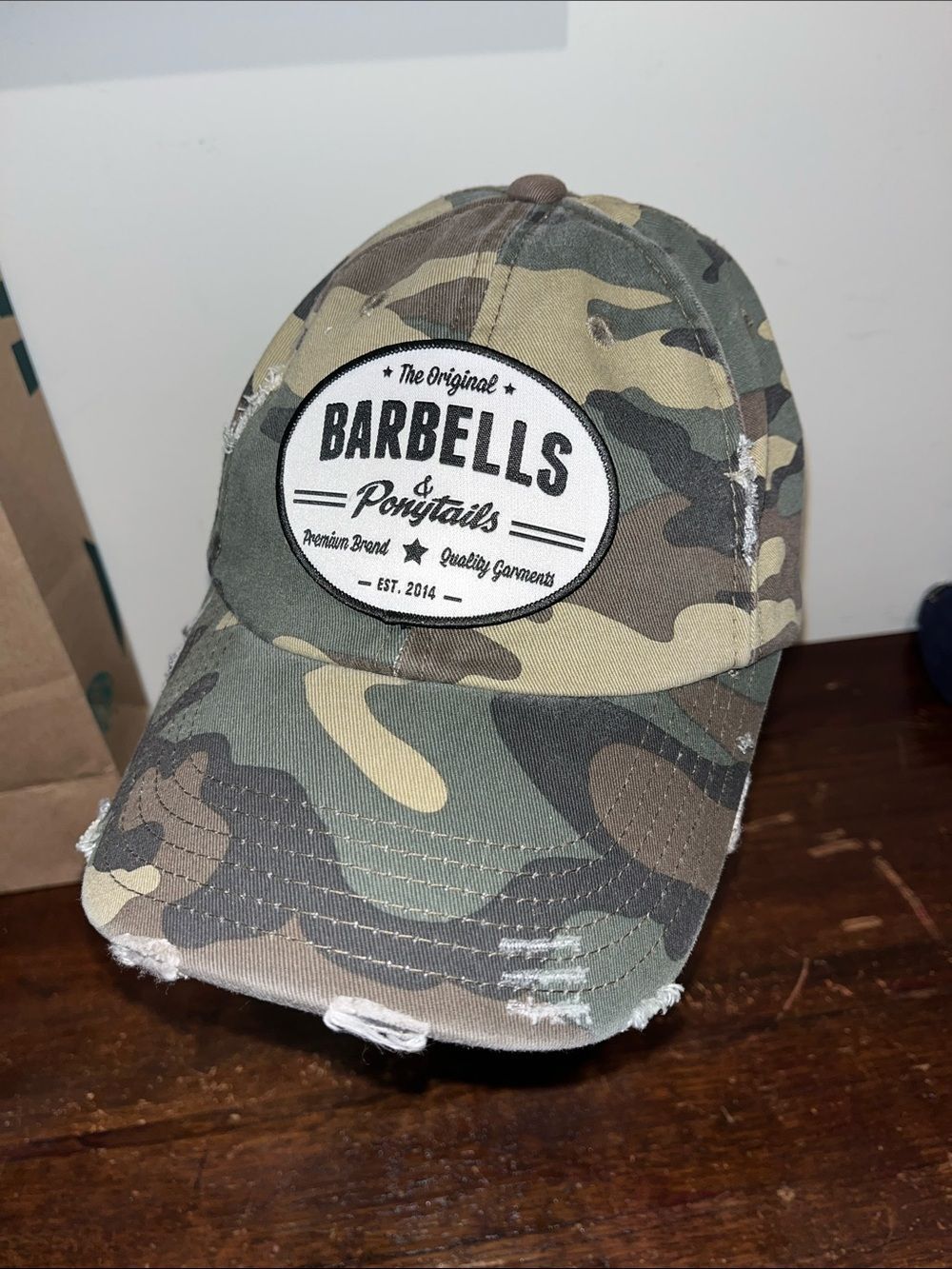 Barbells & ponytails camo camouflage baseball gym work out weightlifting hat cap